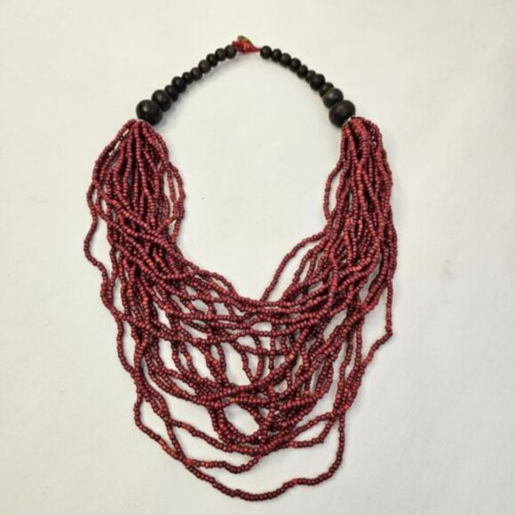 Necklace Multi Strands Costume Jewelry Seeded Red Wood Beads - Picture 6 of 7